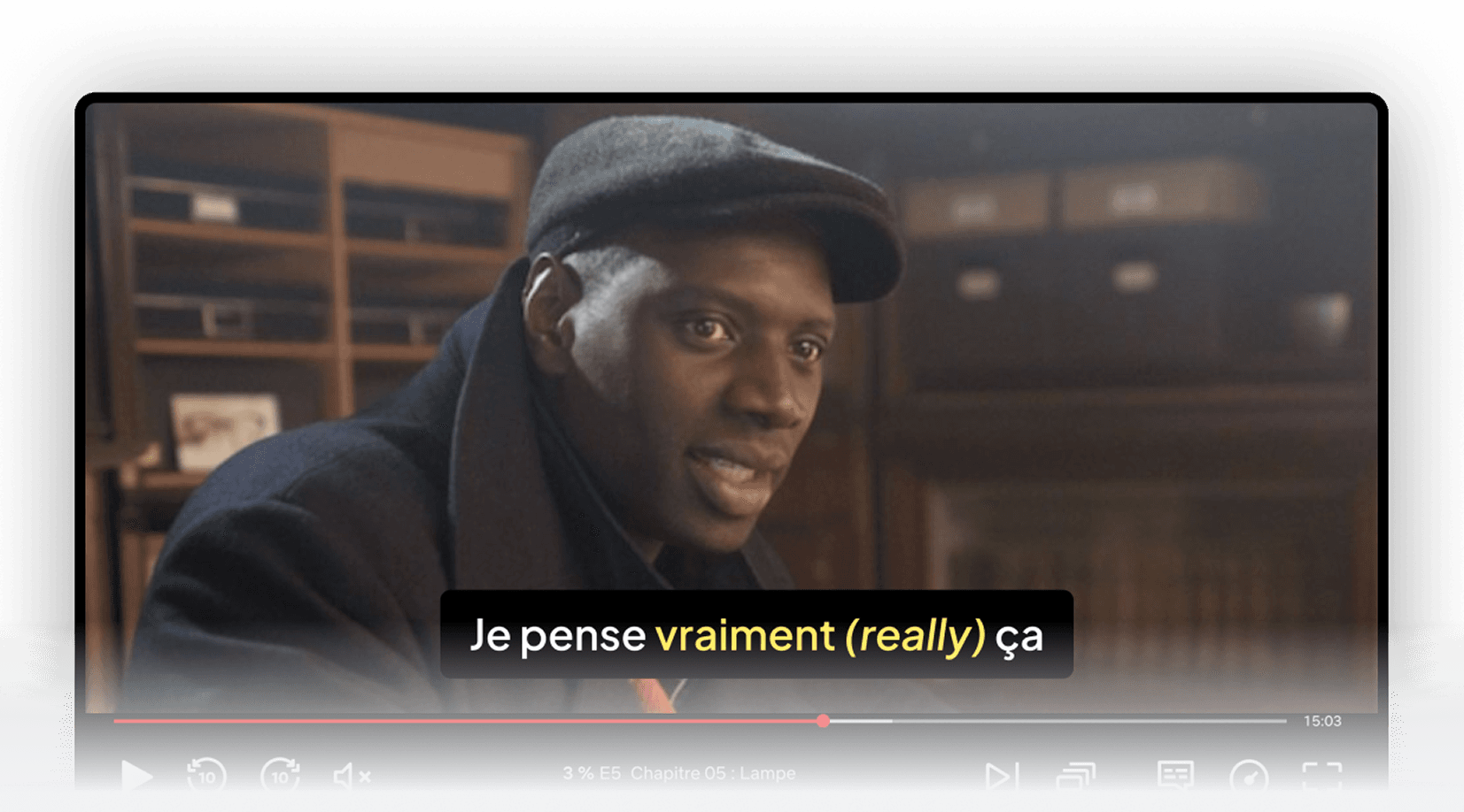 Netflix interface with Bingy smart bilingual subtitles showing inline word translations